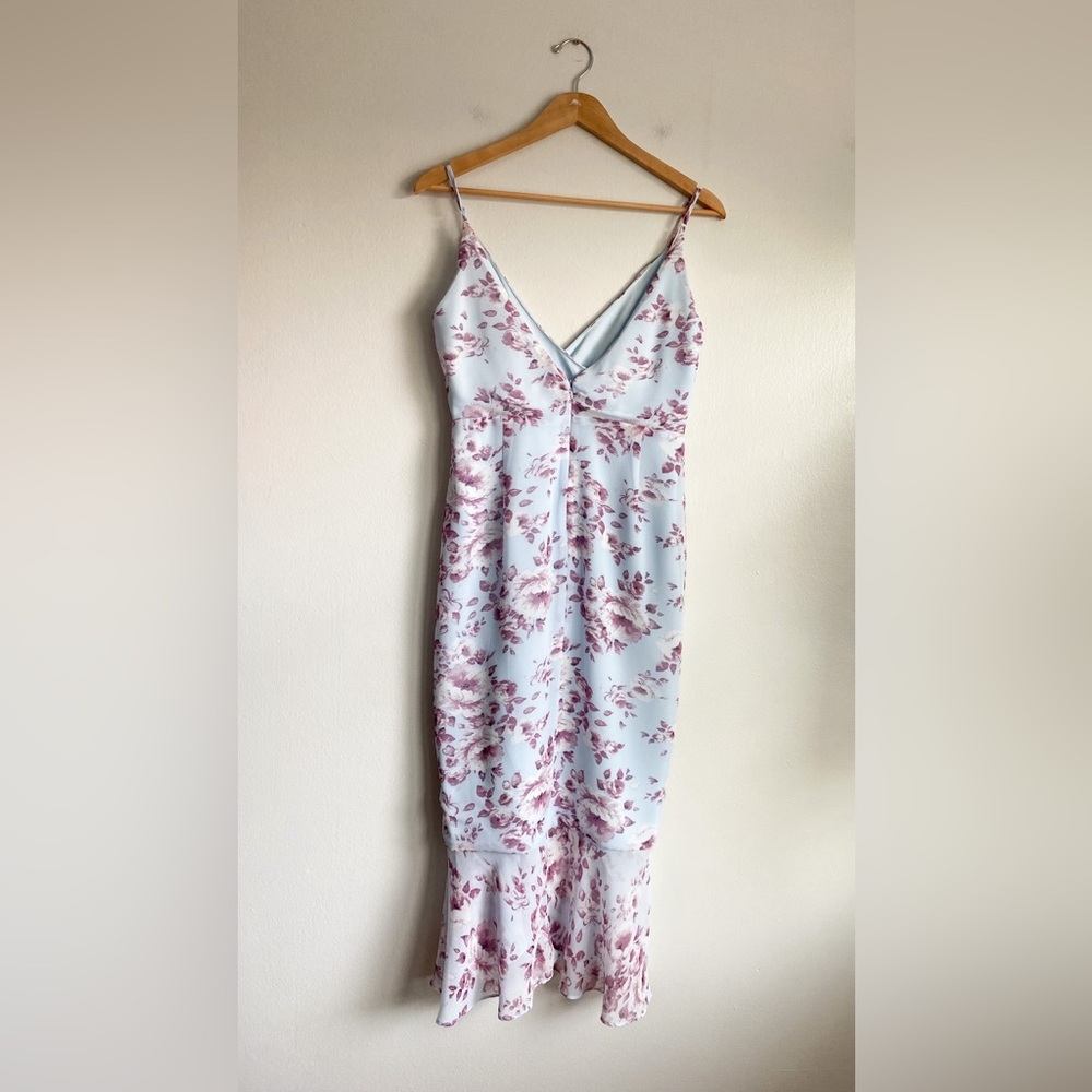 Bardot Floral Mermaid Midi Dress Faux Wrap Blue Burgundy Wedding Guest Fairy M - Picture 5 of 10